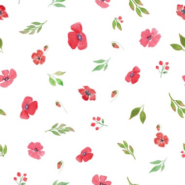 Watercolor floral seamless pattern with painted abstract red flowers, branches, leaves, berries. Hand drawn spring illustration isolated on white background. For packaging, wrapping design or print. 