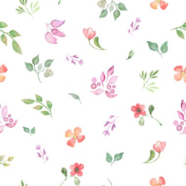Watercolor floral seamless pattern with painted abstract pink flowers, branches, leaves. Hand drawn spring illustration isolated on white background. For packaging, wrapping design. Vector EPS.
