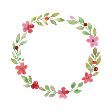  Watercolor floral round wreath with pink, red flowers and leaves. Flowers hand drawn illustration. Design for Mother's day, Women's day greeting cards, wedding, invitation, wrapping. Vector EPS.