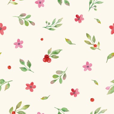 Watercolor floral seamless pattern with painted abstract pink, red  flowers, branches, leaves. Hand drawn spring illustration. For packaging, wrapping design or print. For Womans day, Mothers day.