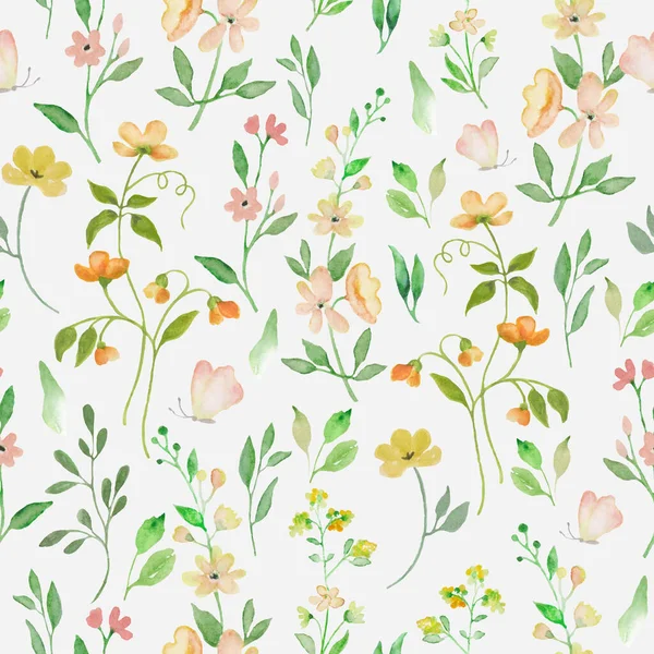 Watercolor Floral Seamless Pattern Painted Abstract Meadow Yellow Flowers Hand — Stok Vektör