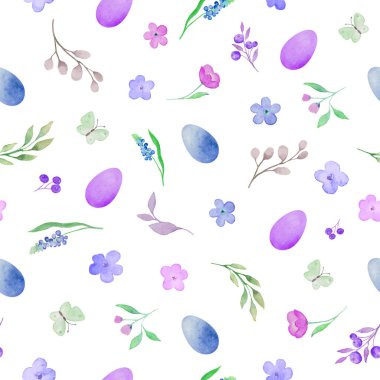 Watercolor Easter seamless pattern on white background.  Painted colorful eggs, spring flowers, berries and foliage. Hand drawn illustration. For wrapping, packaging, print.