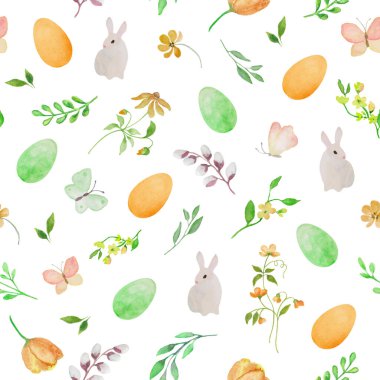 Watercolor Easter seamless pattern on white background. Painted colorful eggs, rabits, spring flowers, butterflies and foliage. Hand drawn illustration. For holiday wrapping, packaging, print.