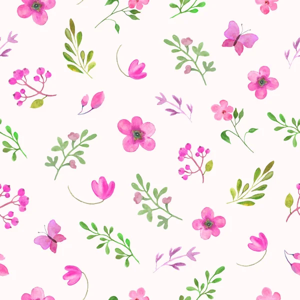 Υδατογραφία Floral Χωρίς Ραφή Μοτίβο Βαμμένα Ροζ Λουλούδια Χειροποίητη Απεικόνιση — Διανυσματικό Αρχείο