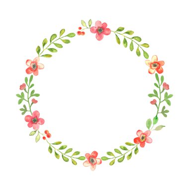  Watercolor floral round wreath with flowers, branches, berries. Hand drawing illustration. Vector EPS.