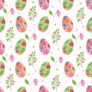 Watercolor floral seamless pattern with painted pink flowers, easter eggs. Hand drawn illustration isolated on pastel background.