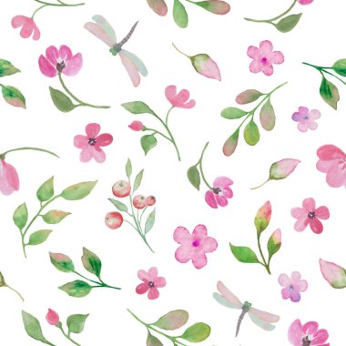  Watercolor floral seamless pattern with painted pink flowers, leaves, branches, berries . Hand drawing illustration isolated on white background. Vector EPS.