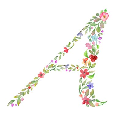 Monogram letter A  made of watercolor flowers, leaves, branches, berries. Hand drawing illustration isolated on white background. Vector EPS.
