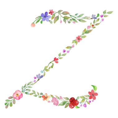 Monogram letter Z made of watercolor flowers, leaves, branches, berries. Hand drawing illustration isolated on white background. Vector EPS.