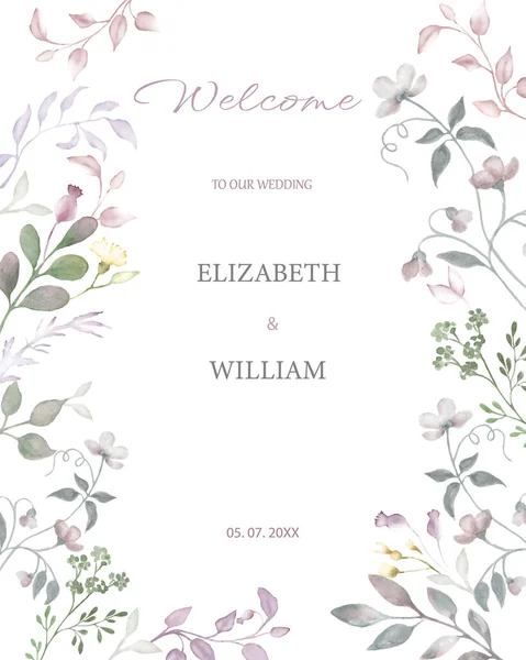 Aquarell Floral Wildflowers Hochzeitseinladungskarten Handzeichnung Illustration Isoliert Auf Weißem Hintergrund — Stockvektor