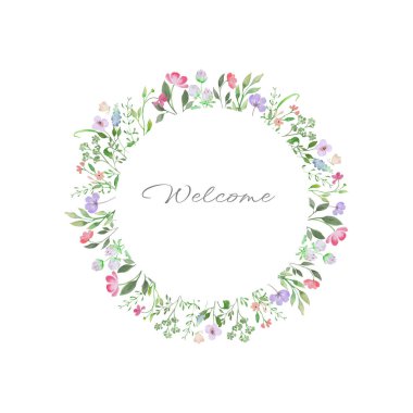 Çiçeklerin etrafındaki suluboya çelenk tebrik kartı. El çizimi çizimi beyaz arkaplanda izole edildi.