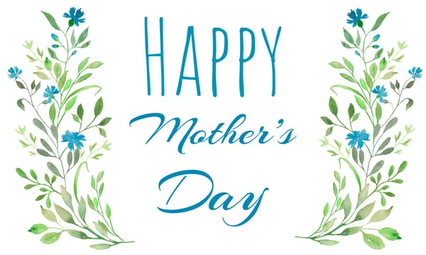 Akvarell Virágos Boldog Anyák Napi Üdvözlőlap Kék Vadvirágokkal Kézrajz Illusztráció — Stock Vector