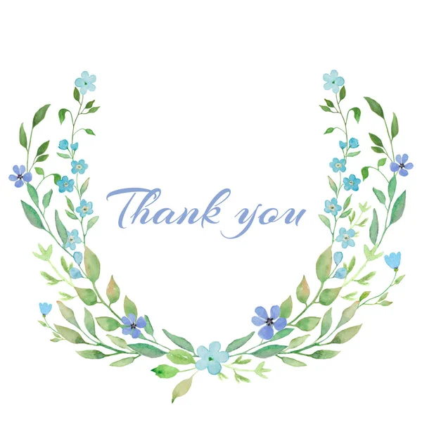 Aquarel Bloemenkrans Met Blauwe Wilde Bloemen Handtekening Illustratie Voor Begroeting — Stockvector