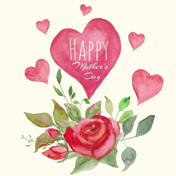 Aquarell Grußkarte Zum Muttertag Mit Bemalten Herzen Und Roten Rosen — Stockvektor