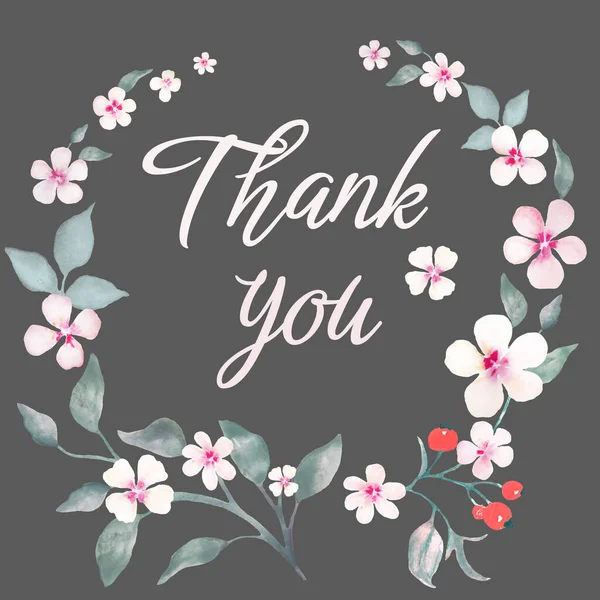 Watercolor Floral Wreath Spring Flowers Thank You Card Hand Drawink — Stock Vector