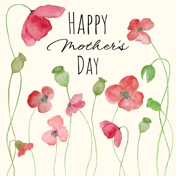 Akvarell Mákok Boldog Anyák Napját Üdvözlőkártya Kézrajz Virágos Illusztráció Elszigetelt — Stock Vector