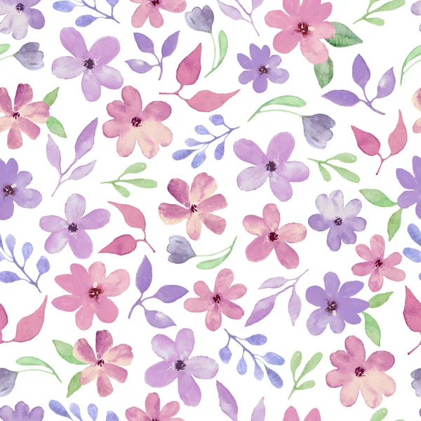 Patrón Sin Costuras Acuarela Con Flores Rosa Púrpura Ilustración Dibujada —  Fotos de Stock
