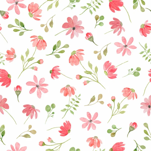 水彩花无缝图案 粉红色花朵 在白色背景上孤立的手绘幻觉 病媒Eps — 图库矢量图片