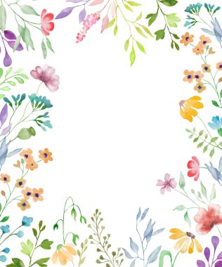 Çiçekli suluboya şablonu. Beyaz arka planda el çizimi illüstrasyon. Vektör EPS.