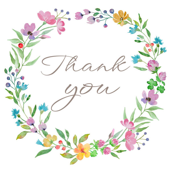 Watercolor floral thank you card. Hand drawn illustration on white background. Vector EPS.