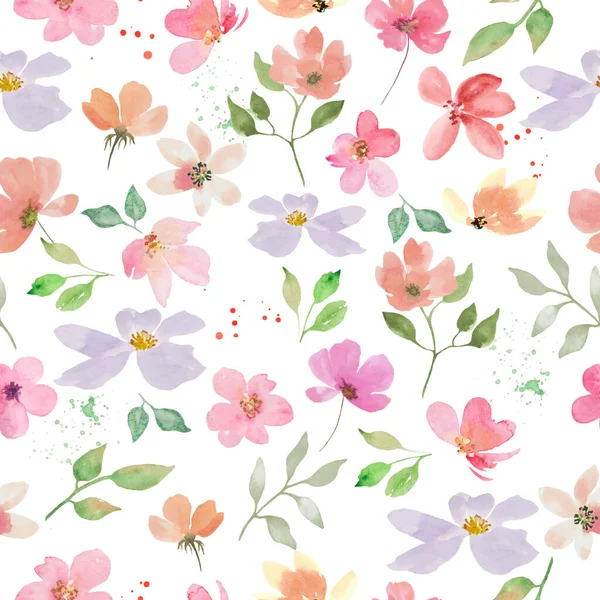 Aquarel Bloemen Naadloos Patroon Handgetekende Illustratie Geïsoleerd Witte Achtergrond — Stockfoto