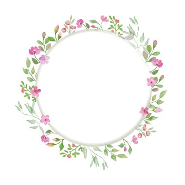 Çiçekli suluboya çelenk. Beyaz arkaplanda elle çizilmiş illüstrasyon... vektör EPS.