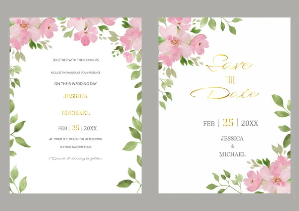 Wedding Invitation Card Template Set Painted Floral Leaves Hand Drawn — Stock Vector