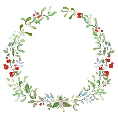 Holly, ökseotu ve böğürtlenli suluboya Noel çelengi. Çiçekli kartpostallar ve beyaz arka planda izole edilmiş davetiyeler için resim. Vektör EPS.