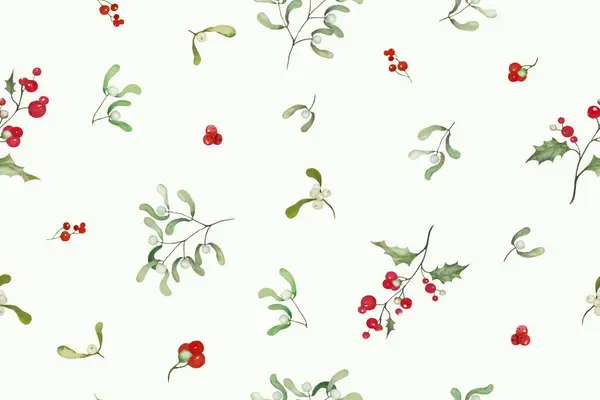 Watercolor Christmas Seamles Pattern Holly Mistletoe Berries Hand Drawn Illustration — Stock Vector