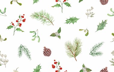 Suluboya Noel desenleri, kutsal, ökseotu, çam, ladin, böğürtlen. El çizimi çizimi. Pastel arka planda izole edilmiş. Vektör EPS.