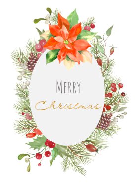 Puantiyeli suluboya Noel çiçekleri, ökseotu, nasır, gül kalçası, çam, çoban püskülü. Beyaz arka planda el çizimi illüstrasyon. Vektör EPS.