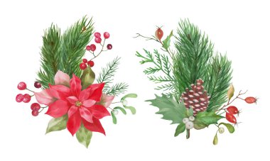 Çiçekli Noel seti. Beyaz arka planda el çizimi illüstrasyon. Vektör EPS.