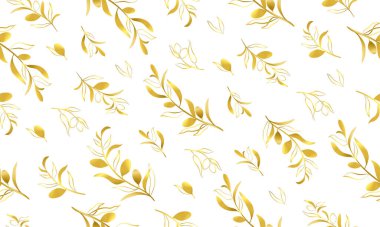 Altın zeytinli kusursuz desen. Beyaz arka planda elle boyanmış çiçek çizimi