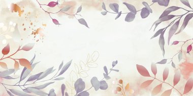 Okaliptüs yapraklı suluboya çiçek arkaplan, gül kalça ve altın elementler. El çizimi illüstrasyon.