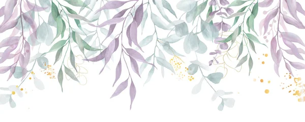 Okaliptüs yaprakları ve altın elementlerle suluboya çiçek arkaplanı. Beyaz üzerine el çizimi illüstrasyon.