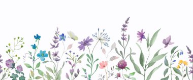 Çiçekli suluboya kenar. Beyaz arka planda el çizimi illüstrasyon. Vektör EPS.