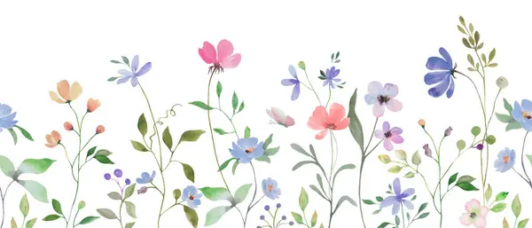 Borde Acuarela Floral Sin Costuras Ilustración Dibujada Mano Aislada Sobre — Vector de stock