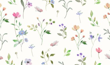 Kusursuz suluboya çiçek deseni. Pastel arka planda el çizimi illüstrasyon. Vektör EPS.