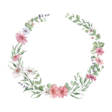 Çiçekli suluboya çelenk. Şeffaf bir arkaplanda el çizimi çizimi. Vektör EPS.
