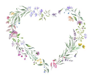 Çiçekli kalp suluboya. Şeffaf bir arkaplanda el çizimi çizimi. Vektör EPS.