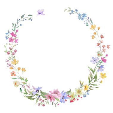 Çiçekli suluboya çelenk. Şeffaf bir arkaplanda el çizimi çizimi. Vektör EPS.