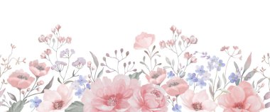 Kusursuz suluboya sınırı. Beyaz arka planda izole edilmiş el çizimi çiçek çizimi. Vektör EPS.