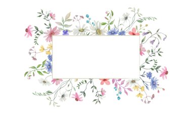 Çiçekli suluboya çerçeveli kır çiçekleri. Şeffaf bir arkaplanda el çizimi çizimi. Vektör EPS.
