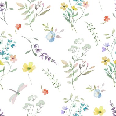 Kusursuz suluboya deseni. Beyaz arka planda izole edilmiş el çizimi çiçek çizimi. Vektör EPS.