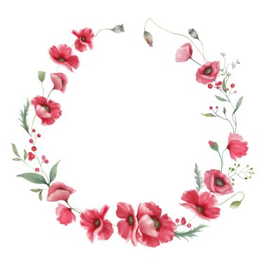 Kırmızı gelincikli suluboya çelenk. Şeffaf bir arkaplanda el çizimi çizimi. Vektör EPS.