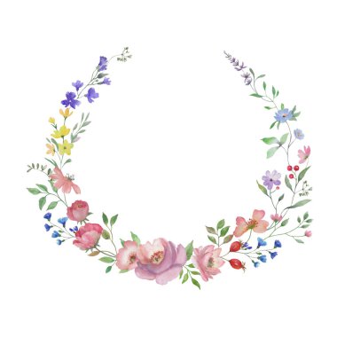 Çiçekli suluboya çelenk. Tebrik kartları, davetiyeler için el çizimi illüstrasyon. Vektör EPS.