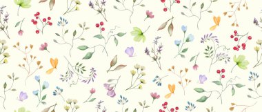 Kusursuz suluboya çiçek deseni. Pastel arka planda el çizimi illüstrasyon. Vektör EPS.