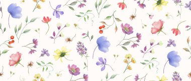 Kusursuz suluboya çiçek deseni. Pastel arka planda el çizimi illüstrasyon. Vektör EPS.