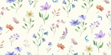 Kusursuz suluboya çiçek deseni. Pastel arka planda el çizimi illüstrasyon. Vektör EPS.