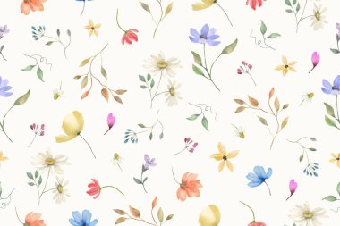 Kusursuz suluboya deseni. Pastel arka planda el çizimi çiçek çizimi var. Vektör EPS.
